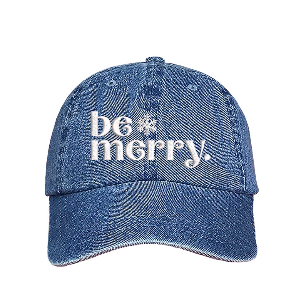 Light Denim Be Merry Christmas Embroidered Baseball Hat featuring festive white stitching, breathable cotton fabric, and adjustable strap for a perfect holiday fit – DSY Lifestyle