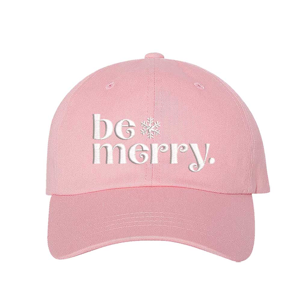 Light Pink Be Merry Christmas Embroidered Baseball Hat featuring festive white stitching, breathable cotton fabric, and adjustable strap for a perfect holiday fit – DSY Lifestyle