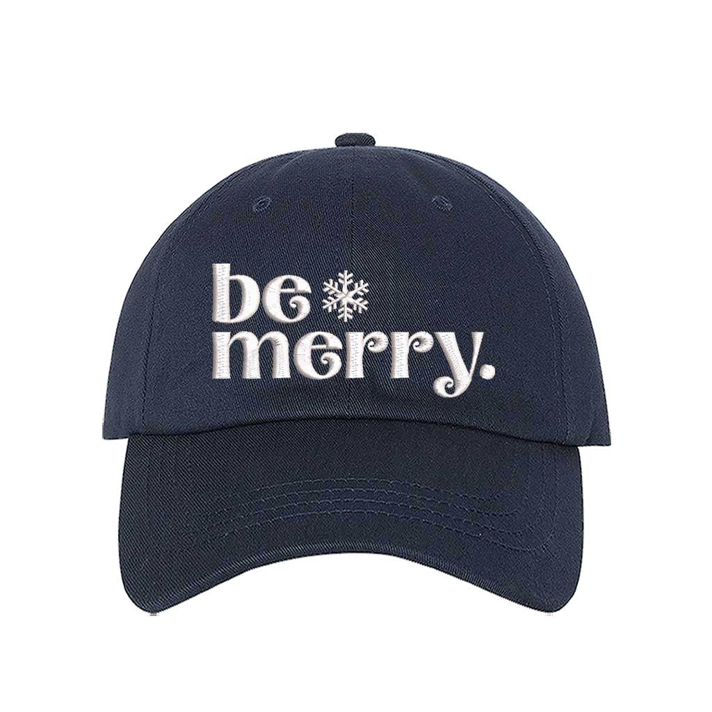 Navy Blue Be Merry Christmas Embroidered Baseball Hat featuring festive white stitching, breathable cotton fabric, and adjustable strap for a perfect holiday fit – DSY Lifestyle