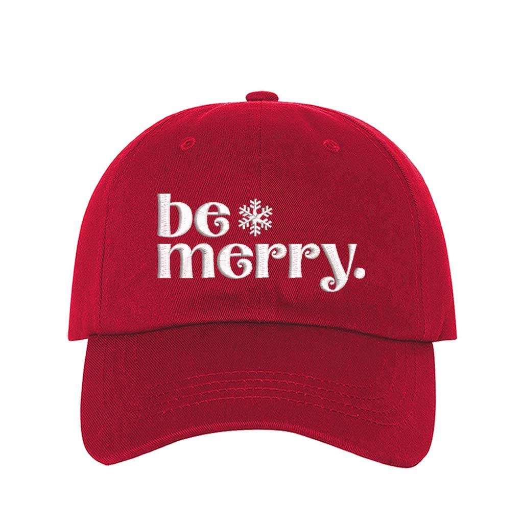 Red Be Merry Christmas Embroidered Baseball Hat featuring festive white stitching, breathable cotton fabric, and adjustable strap for a perfect holiday fit – DSY Lifestyle