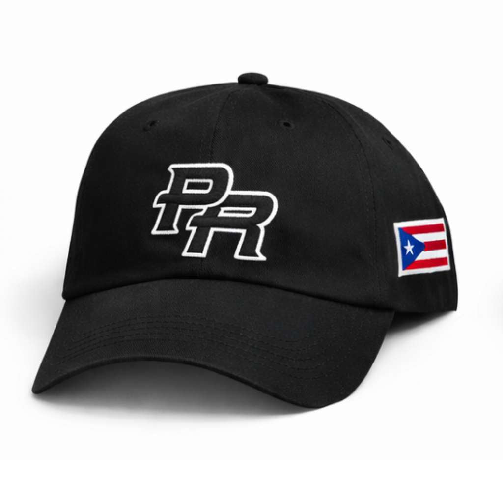 Black cap with PR 3D embroidery and Puerto Rican flag on the side embroidered by DSY Lifestyle