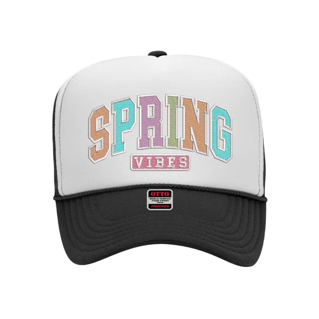 Black with white front tab foam trucker hat embroidered with the phrase spring vibes on it-DSY Lifestyle