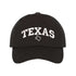 Black baseball hat embroidered with the word texas and a small map of texas underneath the word- DSY Lifestyle