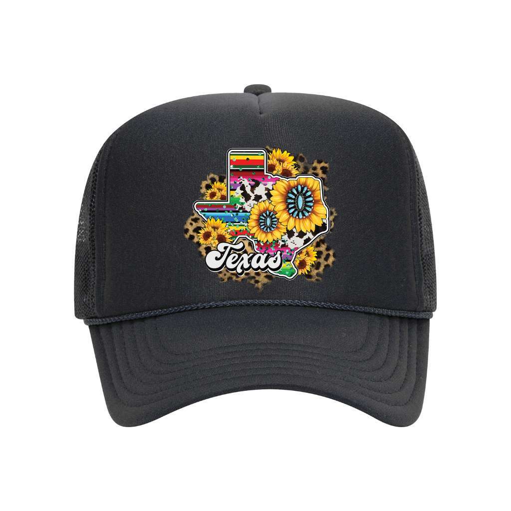 Black foam trucker hat printed with the texas map and sunflowers around it-DSY Lifestyle