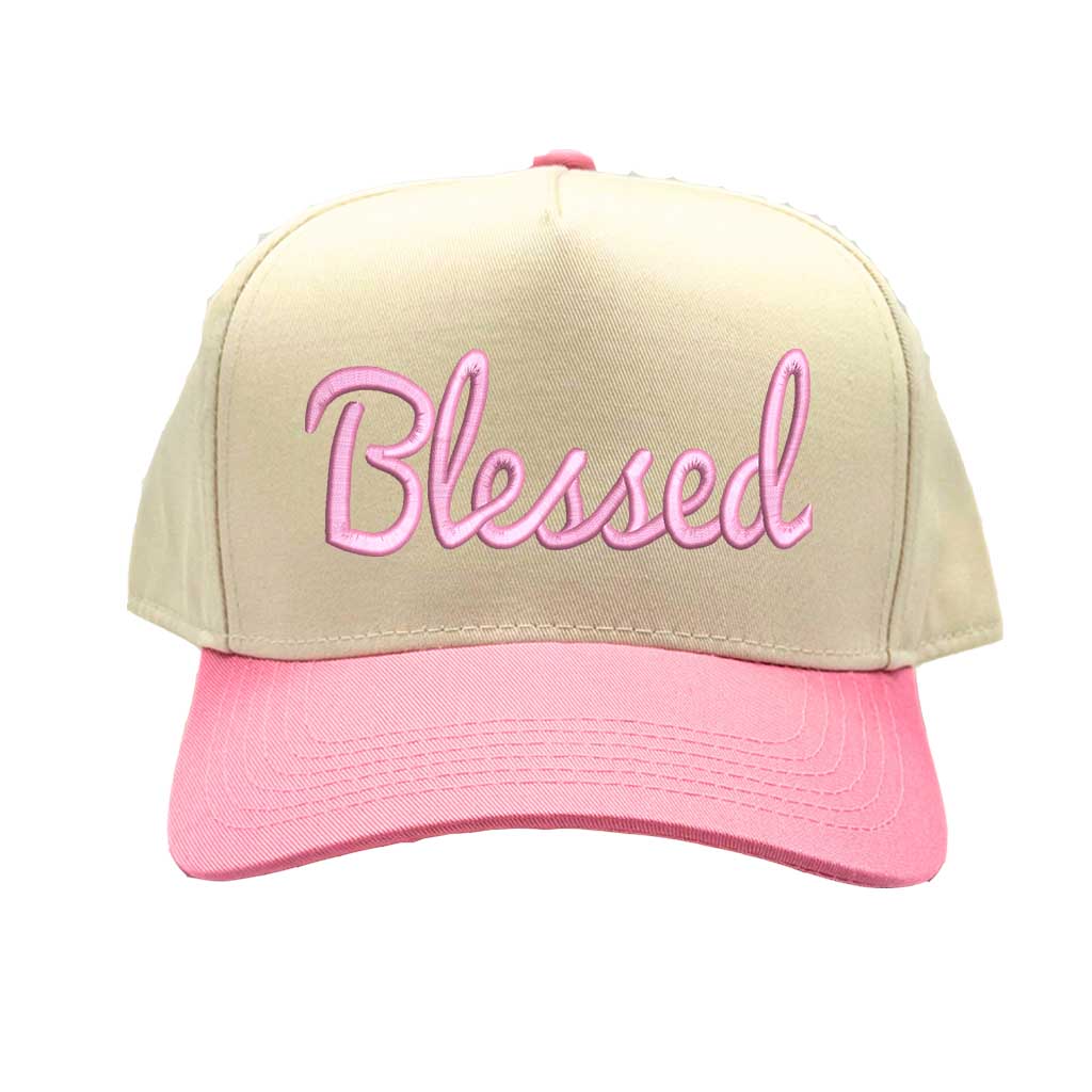 Natural Light Pink Front view of a two-tone baseball hat featuring the word Blessed in bold 3D raised embroidery on the center crown. - DSY Lifestyle