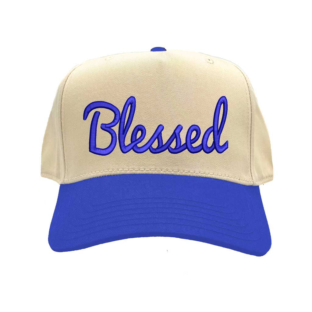 Natural Royal Blue Front view of a two-tone baseball hat featuring the word Blessed in bold 3D raised embroidery on the center crown. - DSY Lifestyle