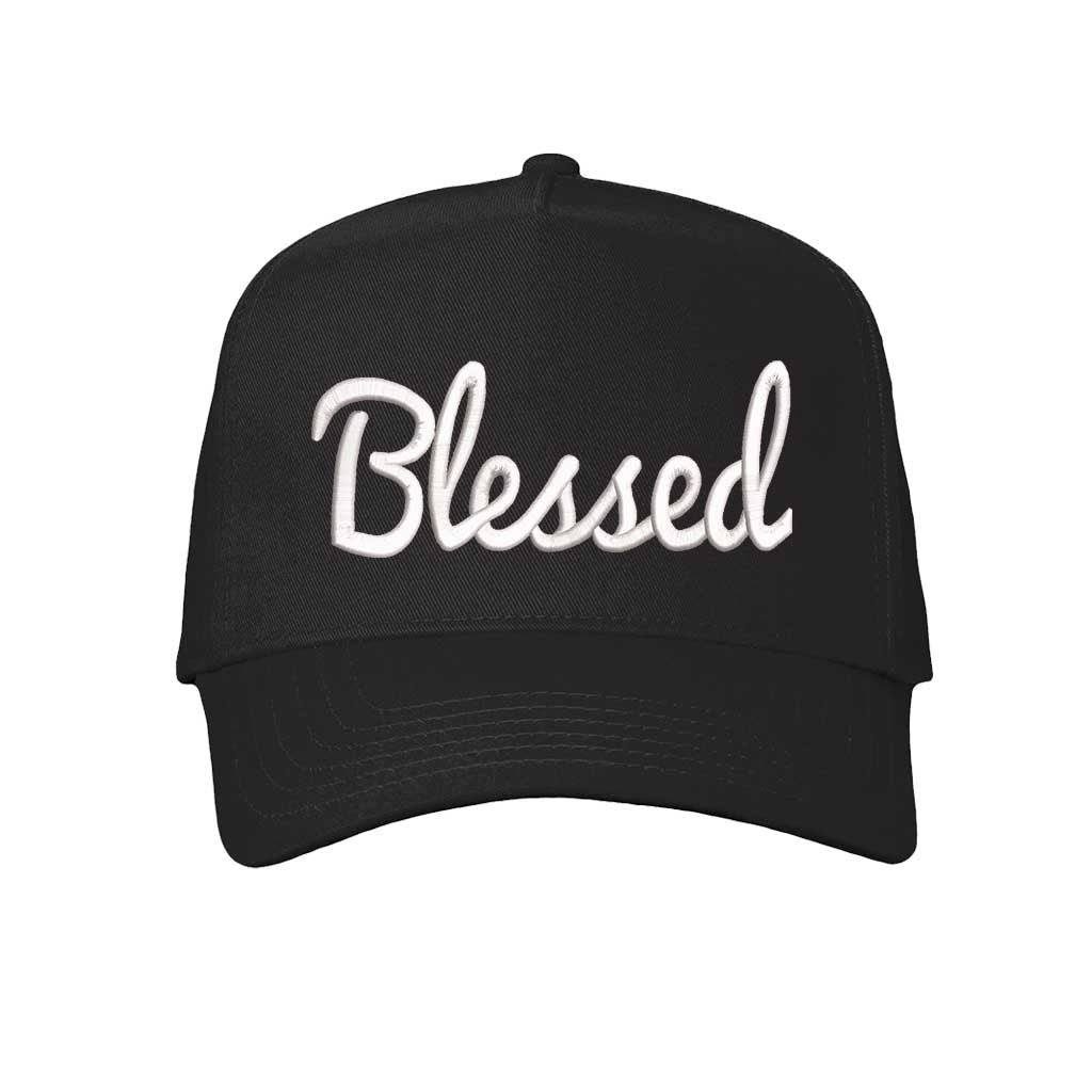Solid Black Front view of a 5-panel baseball hat featuring the word Blessed in bold 3D raised embroidery on the center crown. - DSY Lifestyle