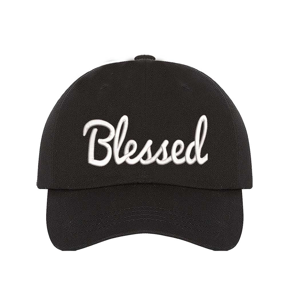 Black detailed close-up of the premium thread embroidery showing the clean lines of the word Blessed on a textured fabric. - DSY Lifestyle