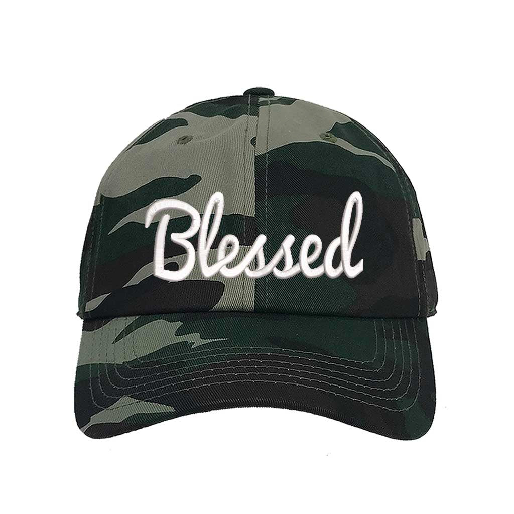 Camo detailed close-up of the premium thread embroidery showing the clean lines of the word Blessed on a textured fabric. - DSY Lifestyle