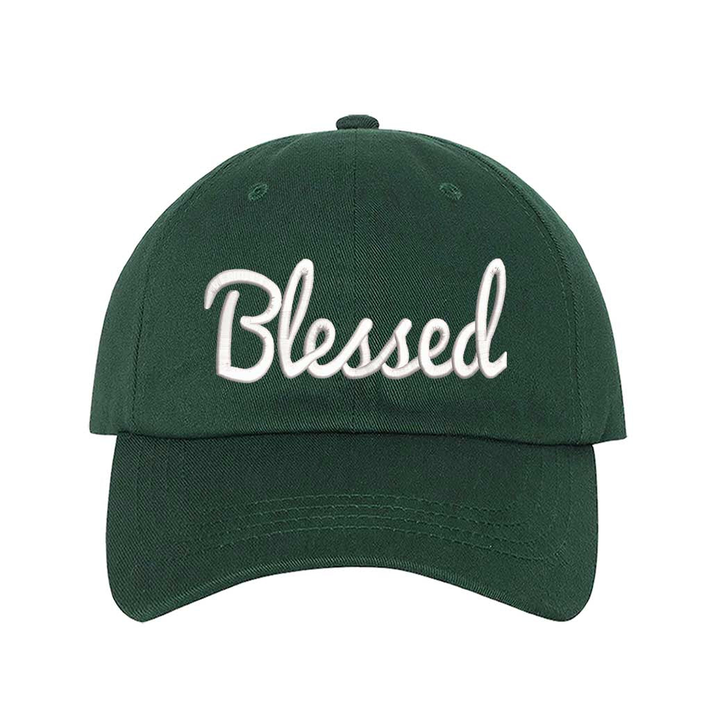 Forest Green detailed close-up of the premium thread embroidery showing the clean lines of the word Blessed on a textured fabric. - DSY Lifestyle