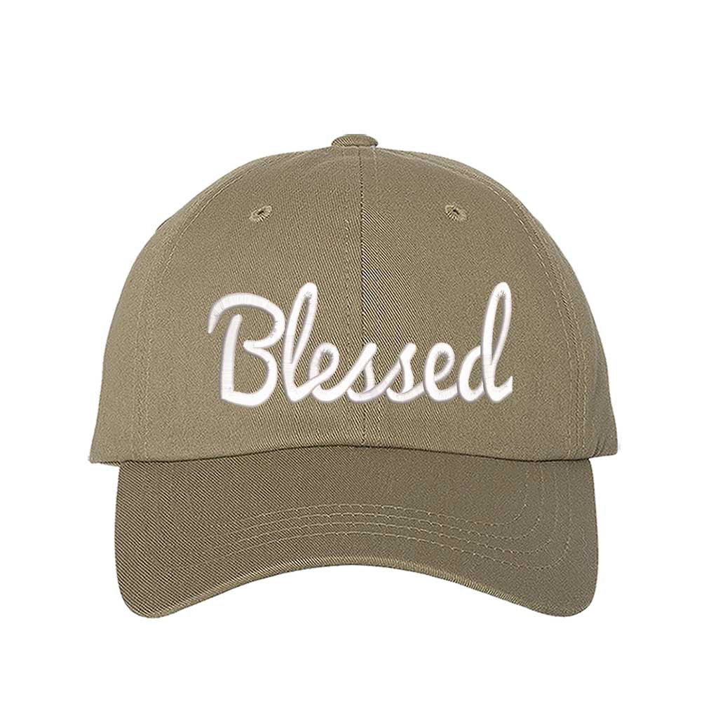 Khaki detailed close-up of the premium thread embroidery showing the clean lines of the word Blessed on a textured fabric. - DSY Lifestyle