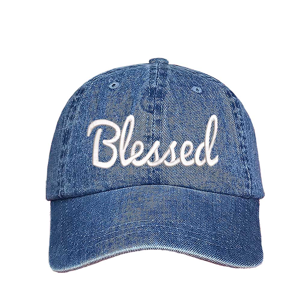 Light Denim detailed close-up of the premium thread embroidery showing the clean lines of the word Blessed on a textured fabric. - DSY Lifestyle