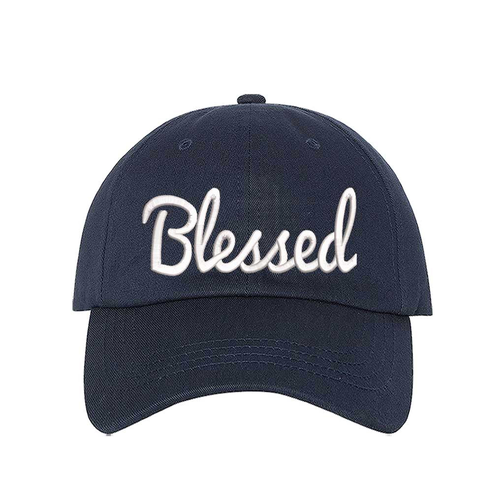 Navy Blue detailed close-up of the premium thread embroidery showing the clean lines of the word Blessed on a textured fabric. - DSY Lifestyle