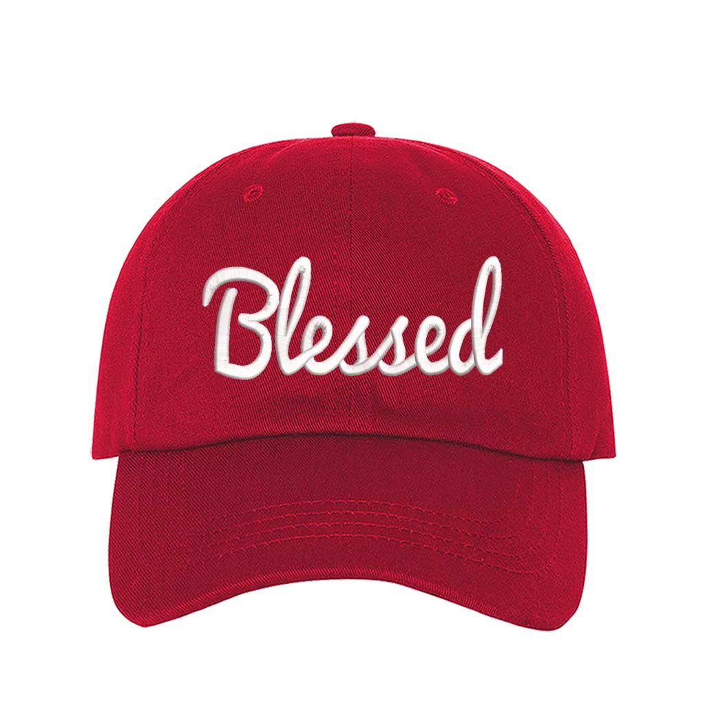 Red detailed close-up of the premium thread embroidery showing the clean lines of the word Blessed on a textured fabric. - DSY Lifestyle