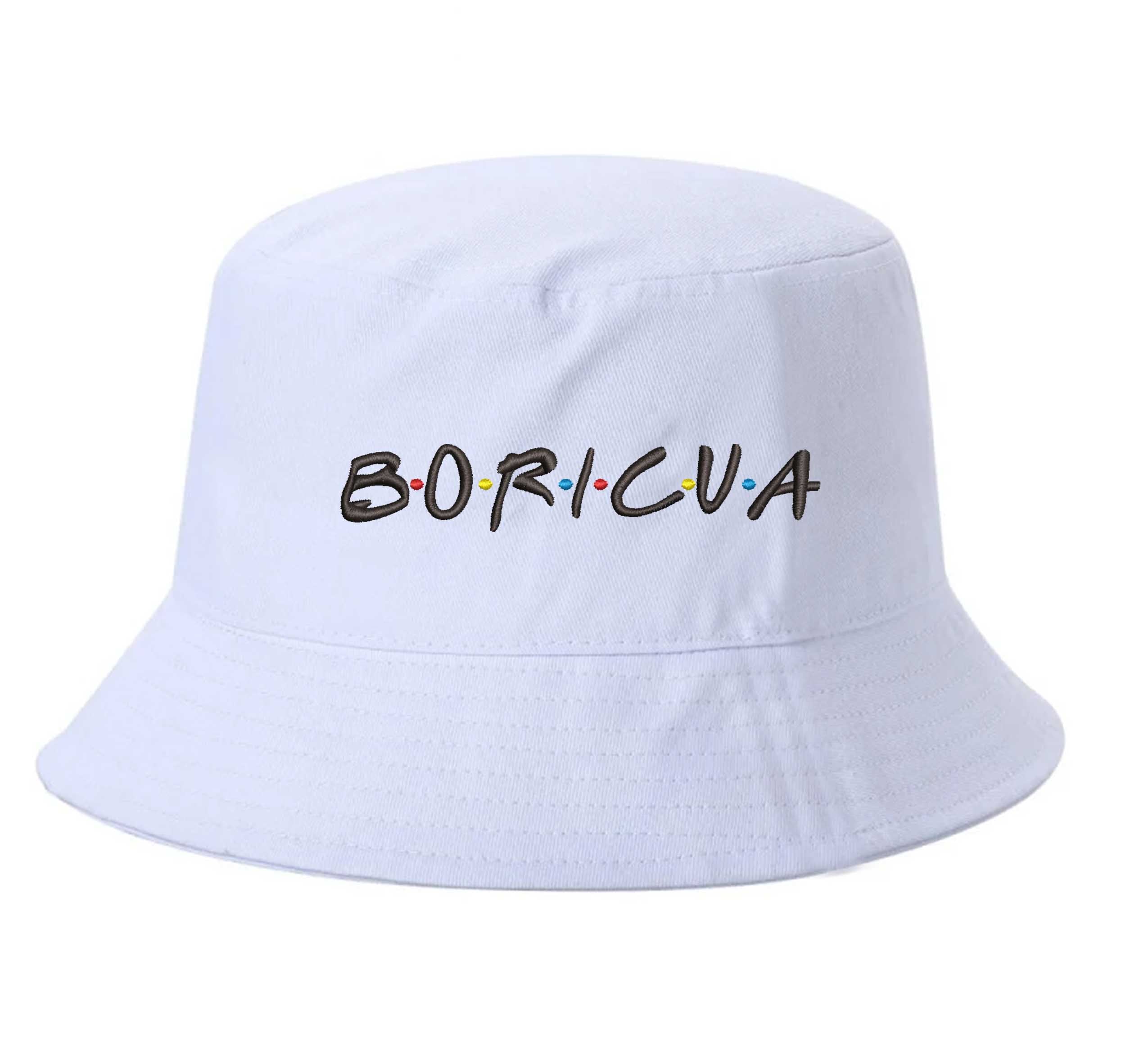White DSY Lifestyle bucket hat with Boricua embroidered in vibrant ‘FRIENDS’ font lettering - DSY Lifestyle
