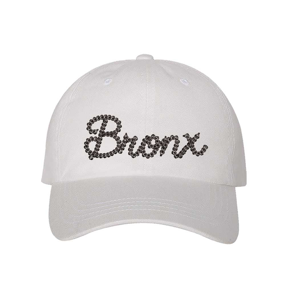 White Bronx Chain Stitch Embroidered Baseball Hat with vintage-style embroidery - DSY Lifestyle