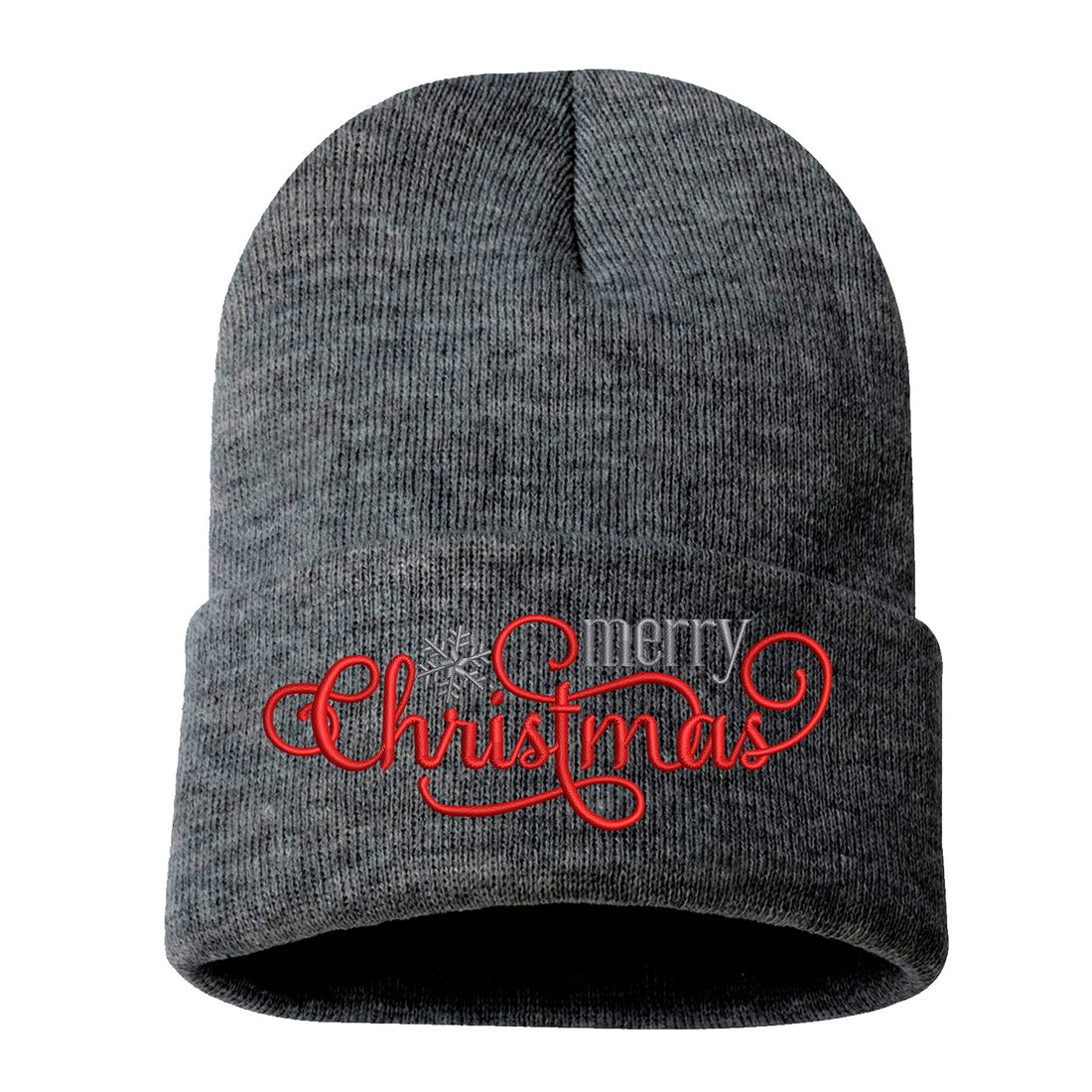 Charcoal Gray Merry Christmas Snowflakes Embroidered Beanie Cap featuring festive embroidered snowflakes and warm winter knit design – DSY Lifestyle