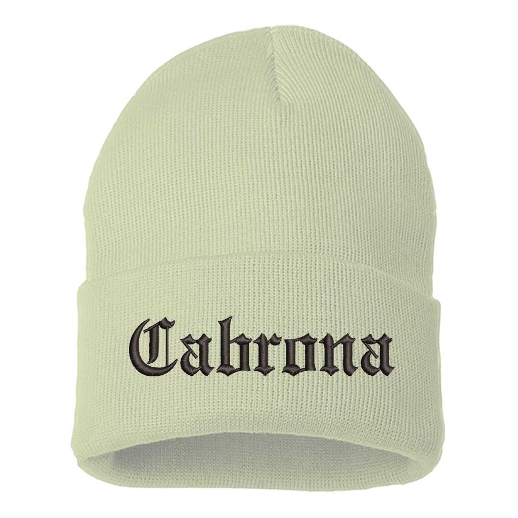 Cream beanie with Cabrona embroidery on a white background