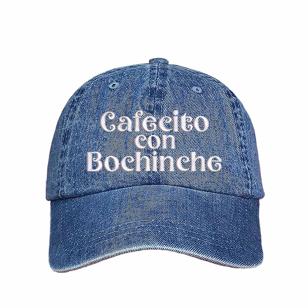 Light Denim Cafecito con Bochinche Embroidered Baseball Hat featuring premium embroidery, adjustable hook and loop closure, and breathable cotton material – DSY Lifestyle