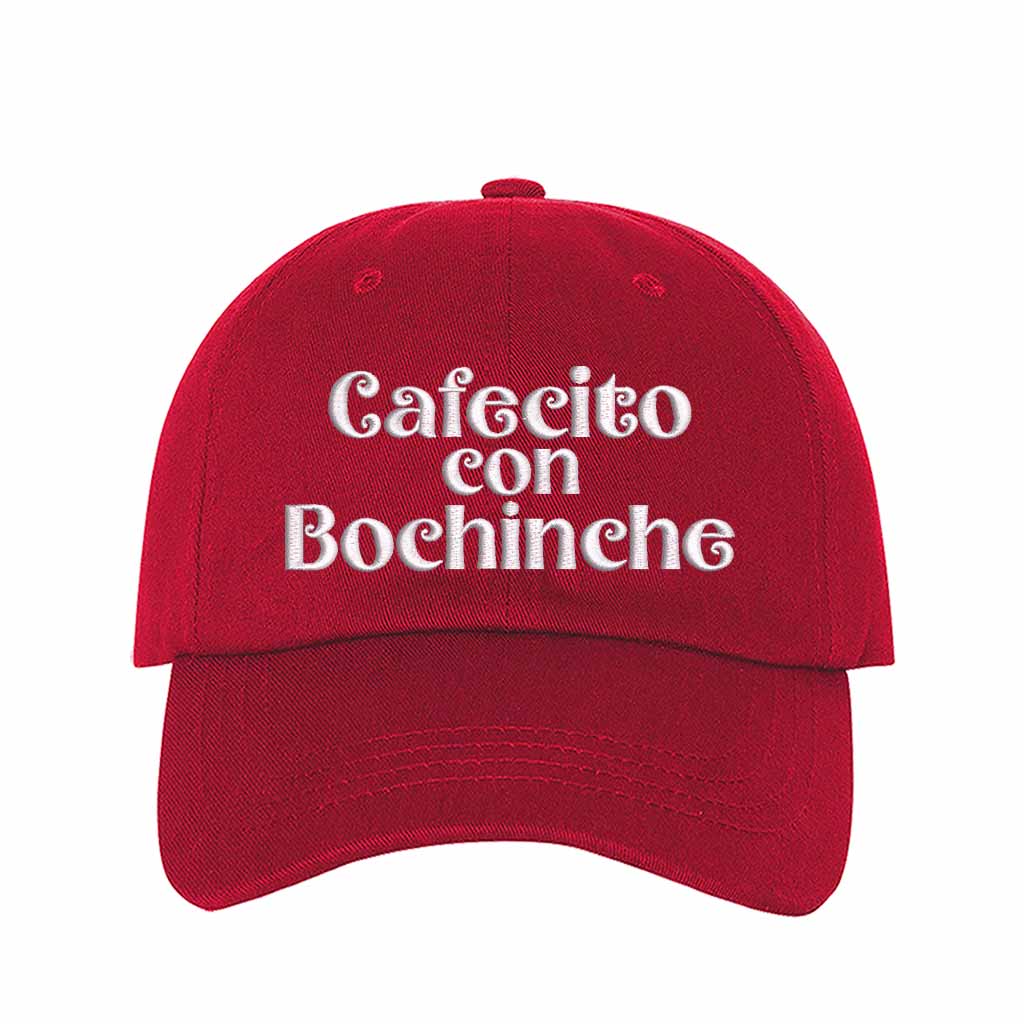 Red Cafecito con Bochinche Embroidered Baseball Hat featuring premium embroidery, adjustable hook and loop closure, and breathable cotton material – DSY Lifestyle