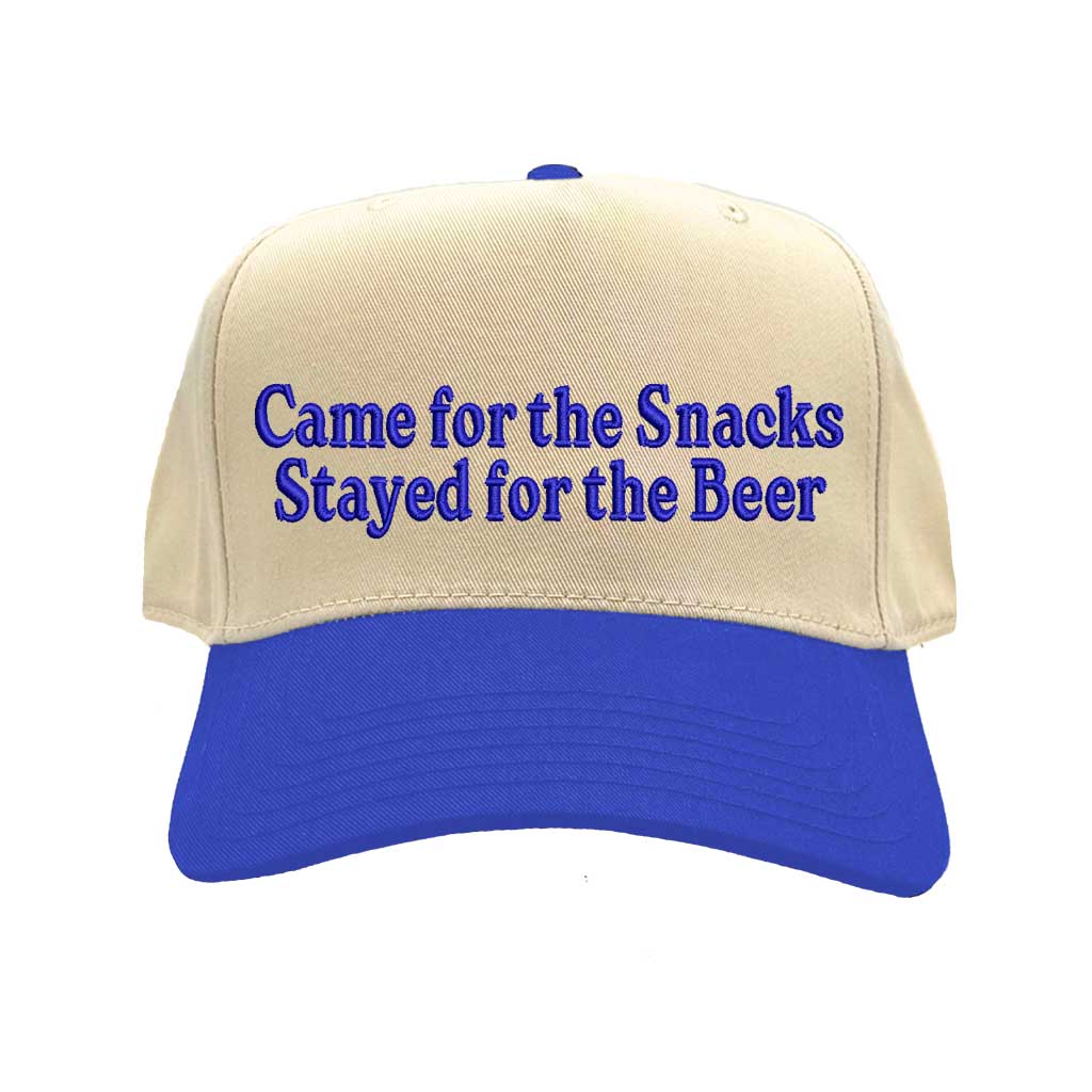 Natural Royal Blue Came For The Snacks Stayed For The Beer Two-Tone 5-Panel Embroidered Baseball Hat featuring bold lettering on a stylish snapback cap, perfect for BBQs, tailgates, and weekend fun - DSY Lifestyle