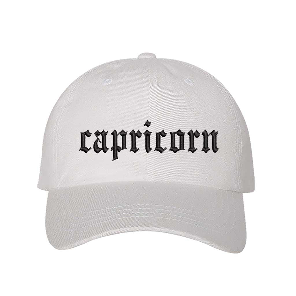 White Capricorn Baseball Hat, a zodiac statement hat for confident, goal-driven style with everyday appeal. DSY Lifestyle.