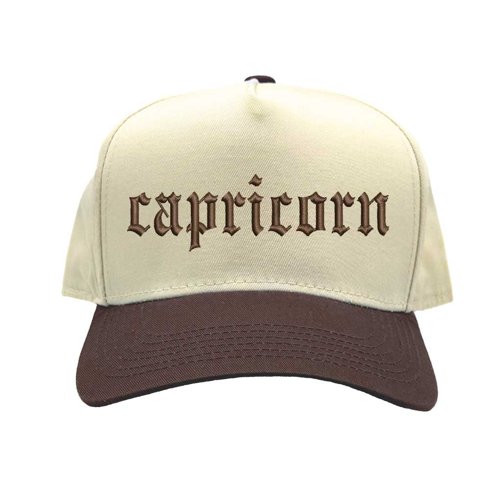 Natural Brown Capricorn Two-Tone Baseball Hat, a zodiac statement hat for confident, goal-driven style with everyday edge. DSY Lifestyle.