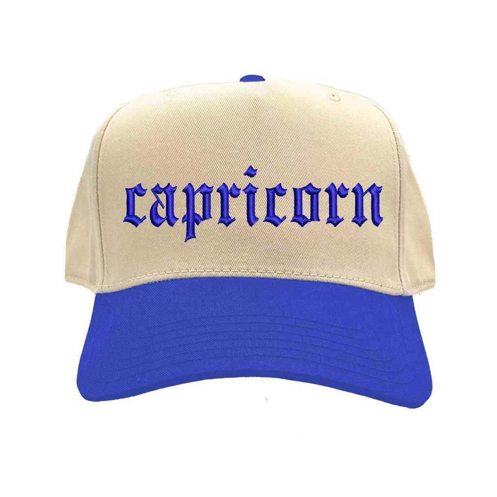 Natural Royal Blue Capricorn Two-Tone Baseball Hat, a zodiac statement hat for confident, goal-driven style with everyday edge. DSY Lifestyle.