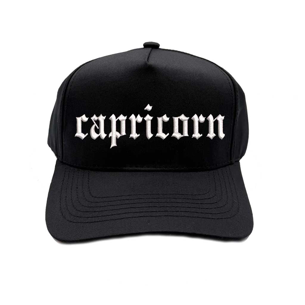 Solid Black Capricorn Two-Tone Baseball Hat, a zodiac statement hat for confident, goal-driven style with everyday edge. DSY Lifestyle.