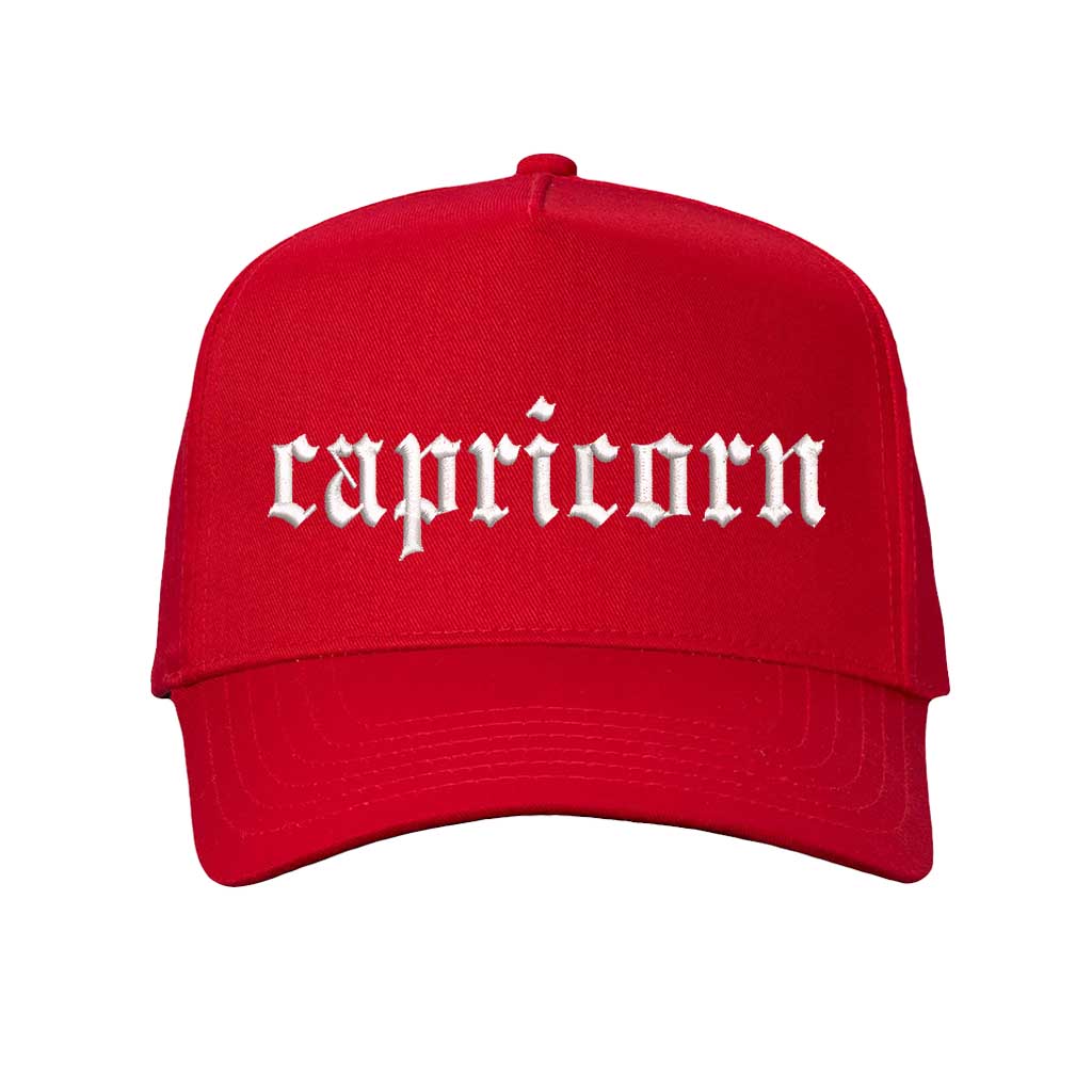 Solid Red Capricorn Two-Tone Baseball Hat, a zodiac statement hat for confident, goal-driven style with everyday edge. DSY Lifestyle.