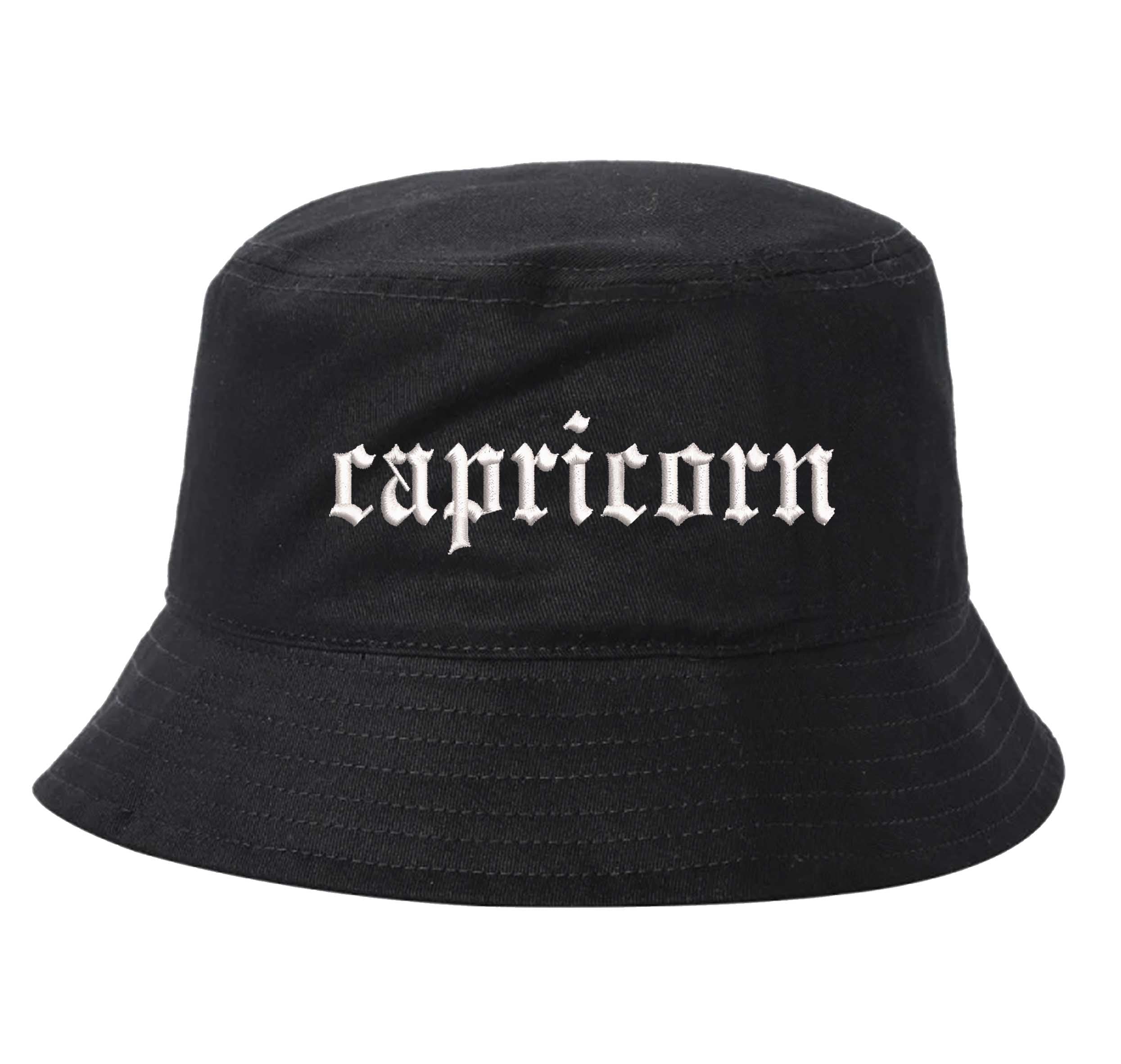 Black Capricorn Bucket Hat, a zodiac statement hat for confident, grounded style with an effortless edge. DSY Lifestyle.