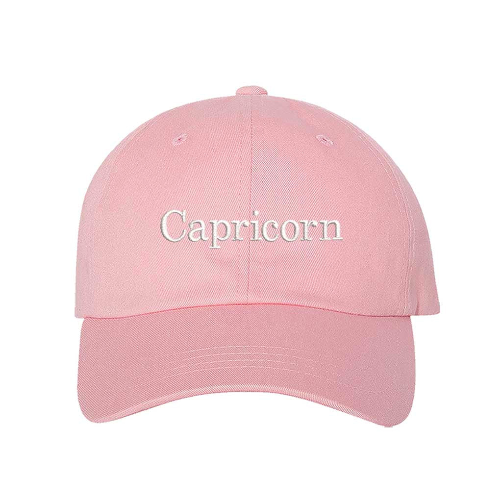Light Pink Capricorn embroidered baseball hat featuring classic curved brim design, premium stitching, and adjustable hook and loop closure – DSY Lifestyle
