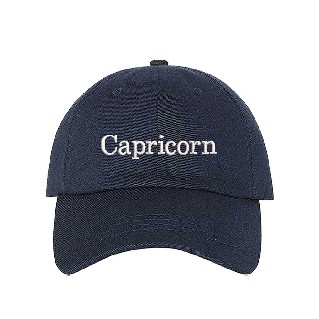 Navy Blue Capricorn embroidered baseball hat featuring classic curved brim design, premium stitching, and adjustable hook and loop closure – DSY Lifestyle