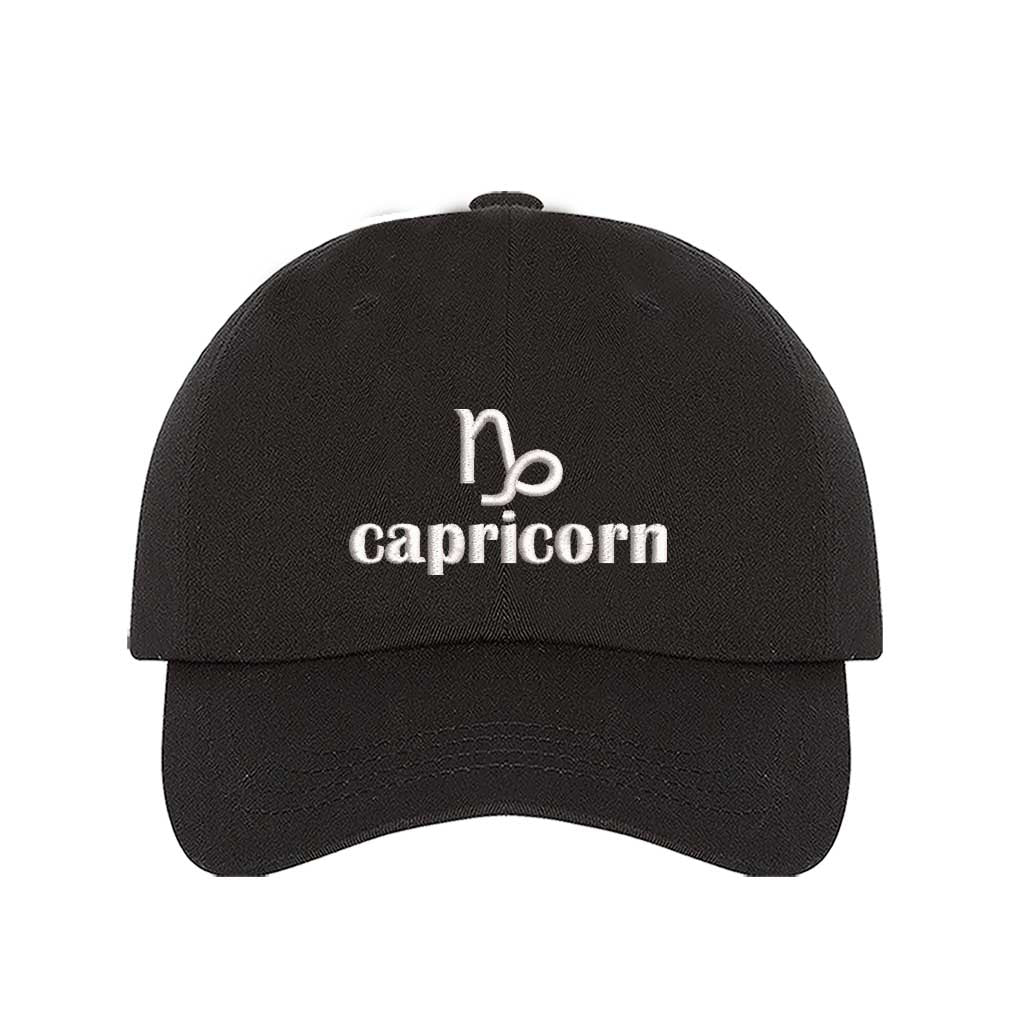 Black Capricorn Symbol Embroidered Baseball Hat, a zodiac statement hat for confident style and everyday expression. DSY Lifestyle.