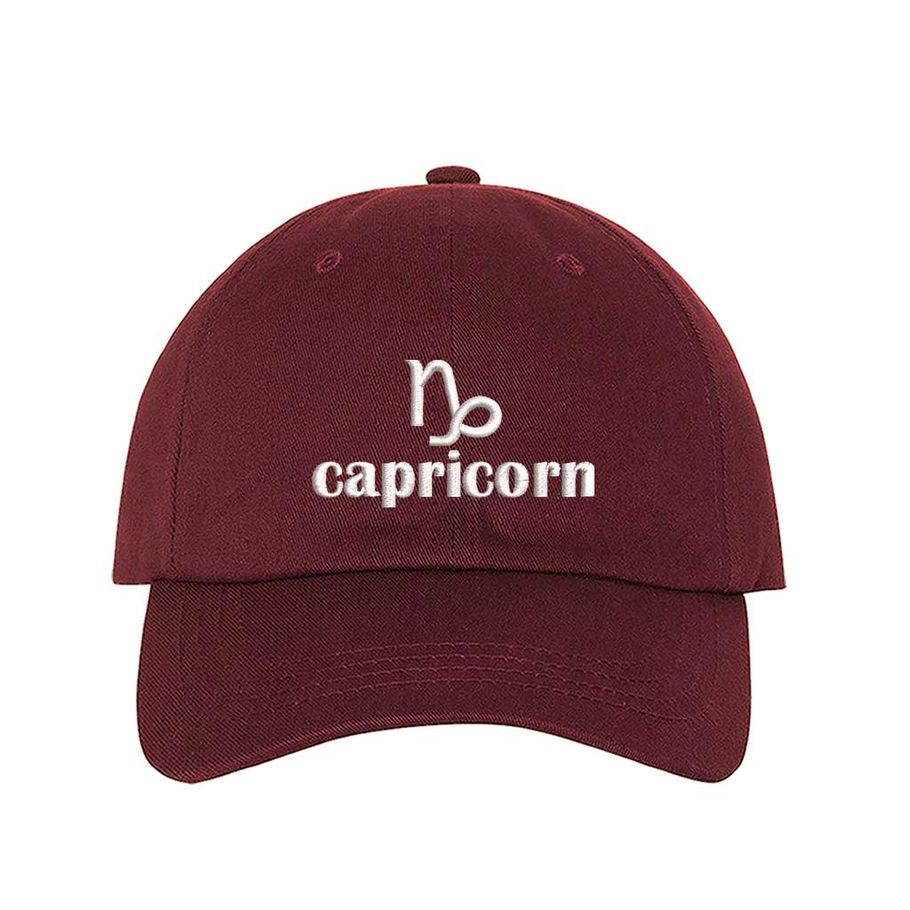 Burgundy Capricorn Symbol Embroidered Baseball Hat, a zodiac statement hat for confident style and everyday expression. DSY Lifestyle.