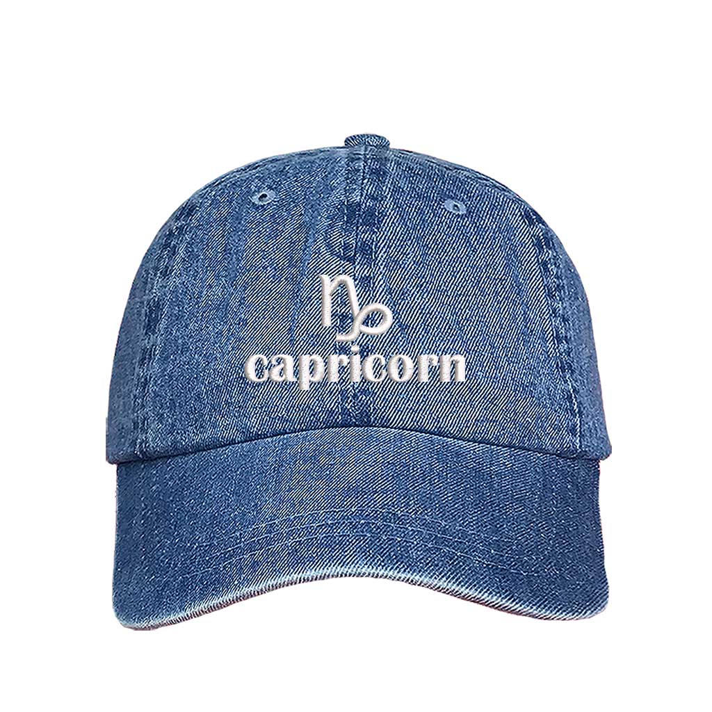 Light Denim Capricorn Symbol Embroidered Baseball Hat, a zodiac statement hat for confident style and everyday expression. DSY Lifestyle.