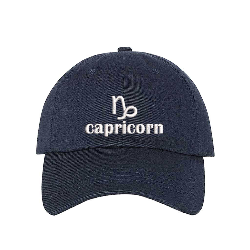 Navy Blue Capricorn Symbol Embroidered Baseball Hat, a zodiac statement hat for confident style and everyday expression. DSY Lifestyle.