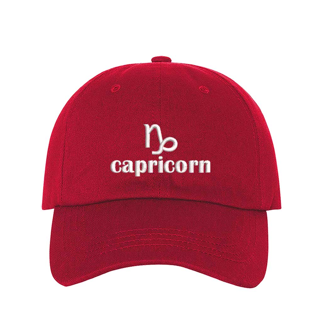 Red Capricorn Symbol Embroidered Baseball Hat, a zodiac statement hat for confident style and everyday expression. DSY Lifestyle.