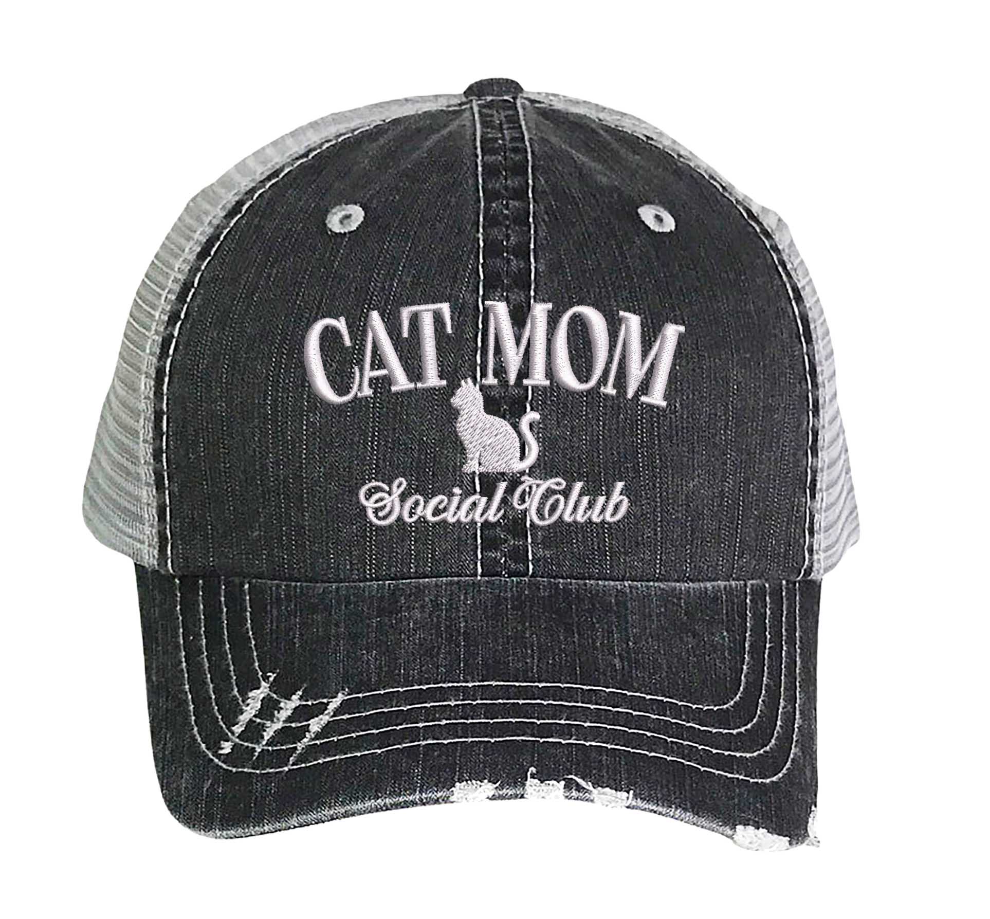 Black Cat Mom Social Club Distressed Trucker Hat. This premium vintage-style cap is the perfect gift for the unapologetically bold, featuring a breathable mesh back and custom embroidery. - DSY Lifestyle