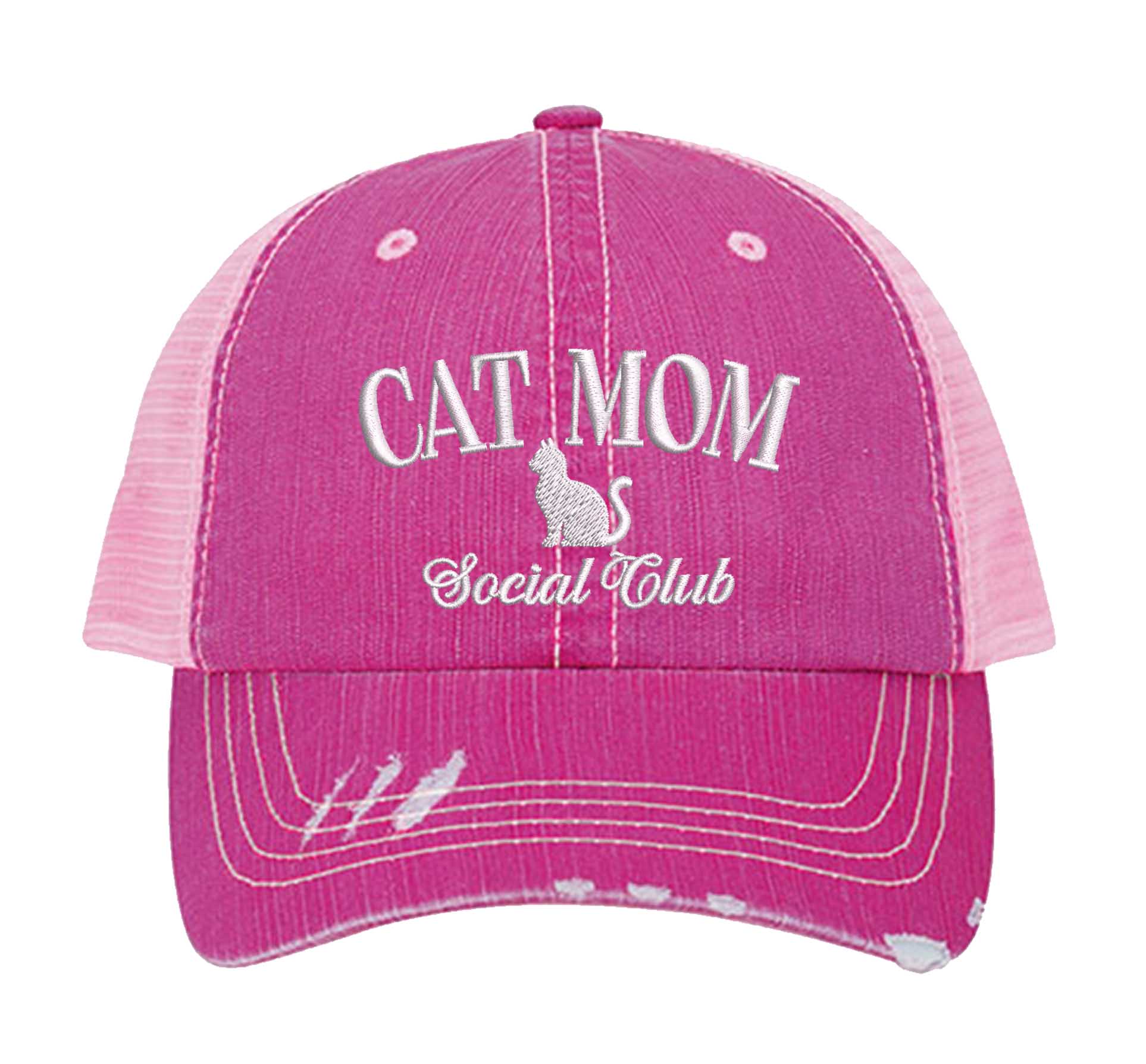 Hot Pink Cat Mom Social Club Distressed Trucker Hat. This premium vintage-style cap is the perfect gift for the unapologetically bold, featuring a breathable mesh back and custom embroidery. - DSY Lifestyle