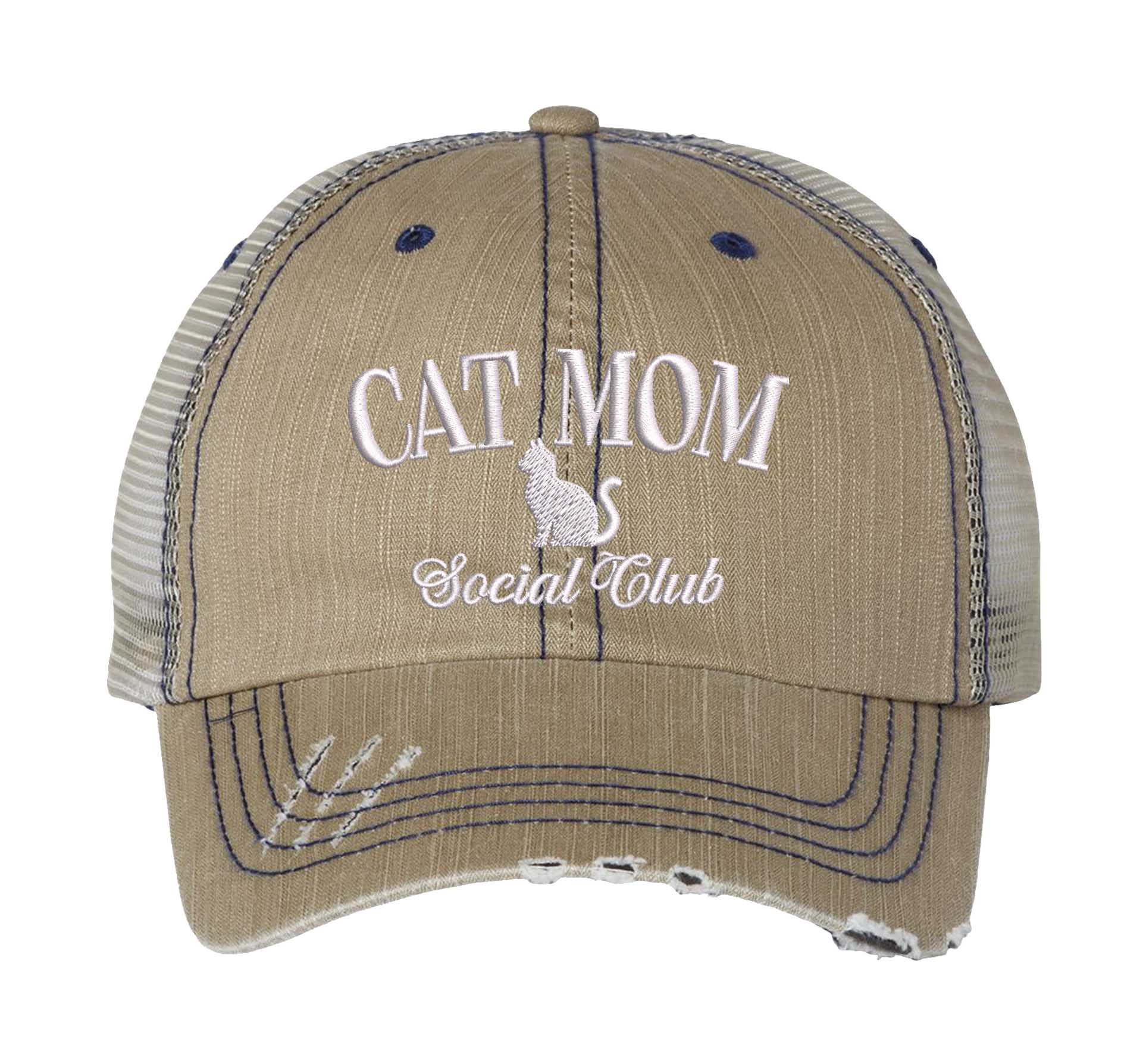 Khaki Cat Mom Social Club Distressed Trucker Hat. This premium vintage-style cap is the perfect gift for the unapologetically bold, featuring a breathable mesh back and custom embroidery. - DSY Lifestyle