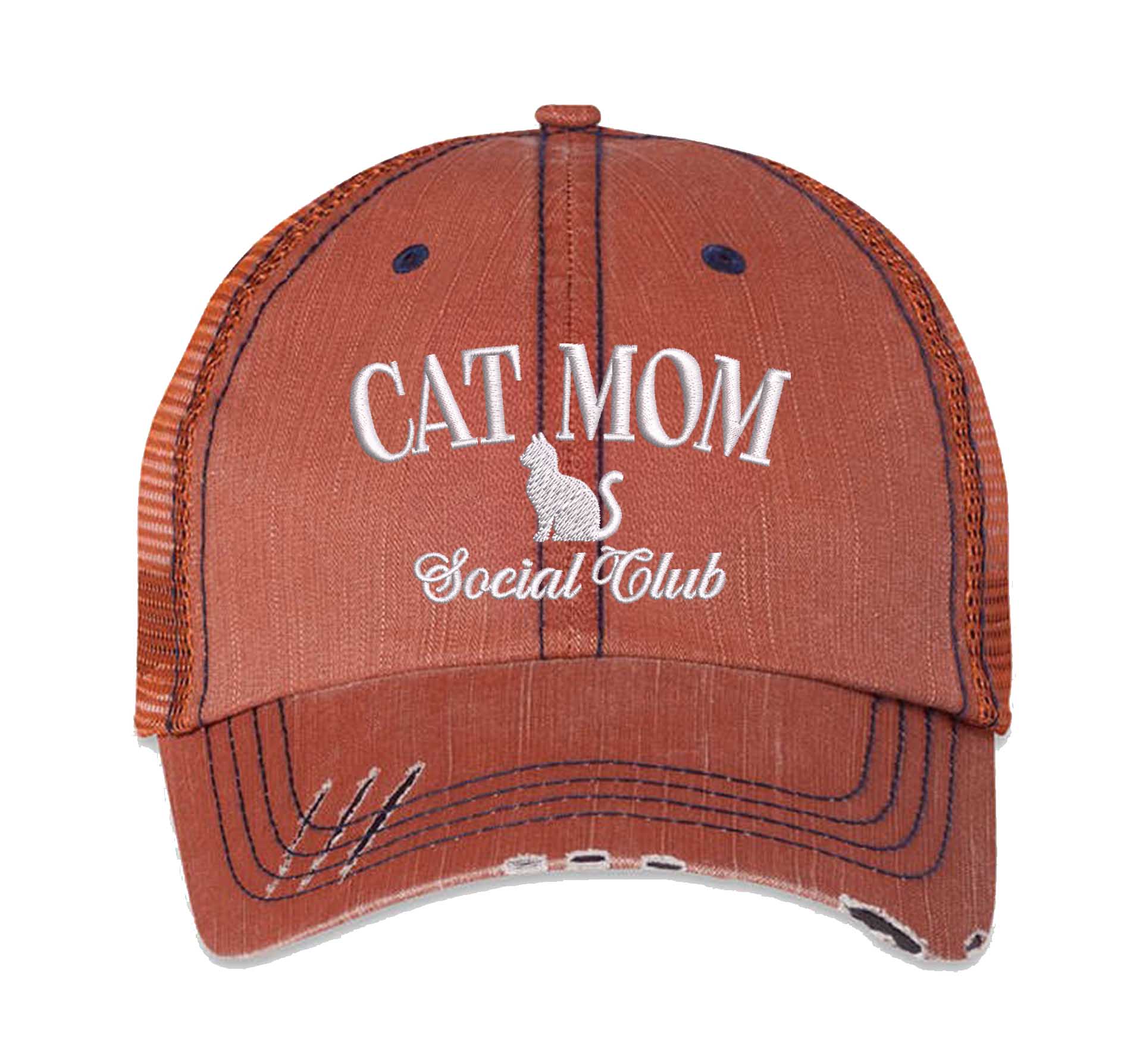 Orange Cat Mom Social Club Distressed Trucker Hat. This premium vintage-style cap is the perfect gift for the unapologetically bold, featuring a breathable mesh back and custom embroidery. - DSY Lifestyle