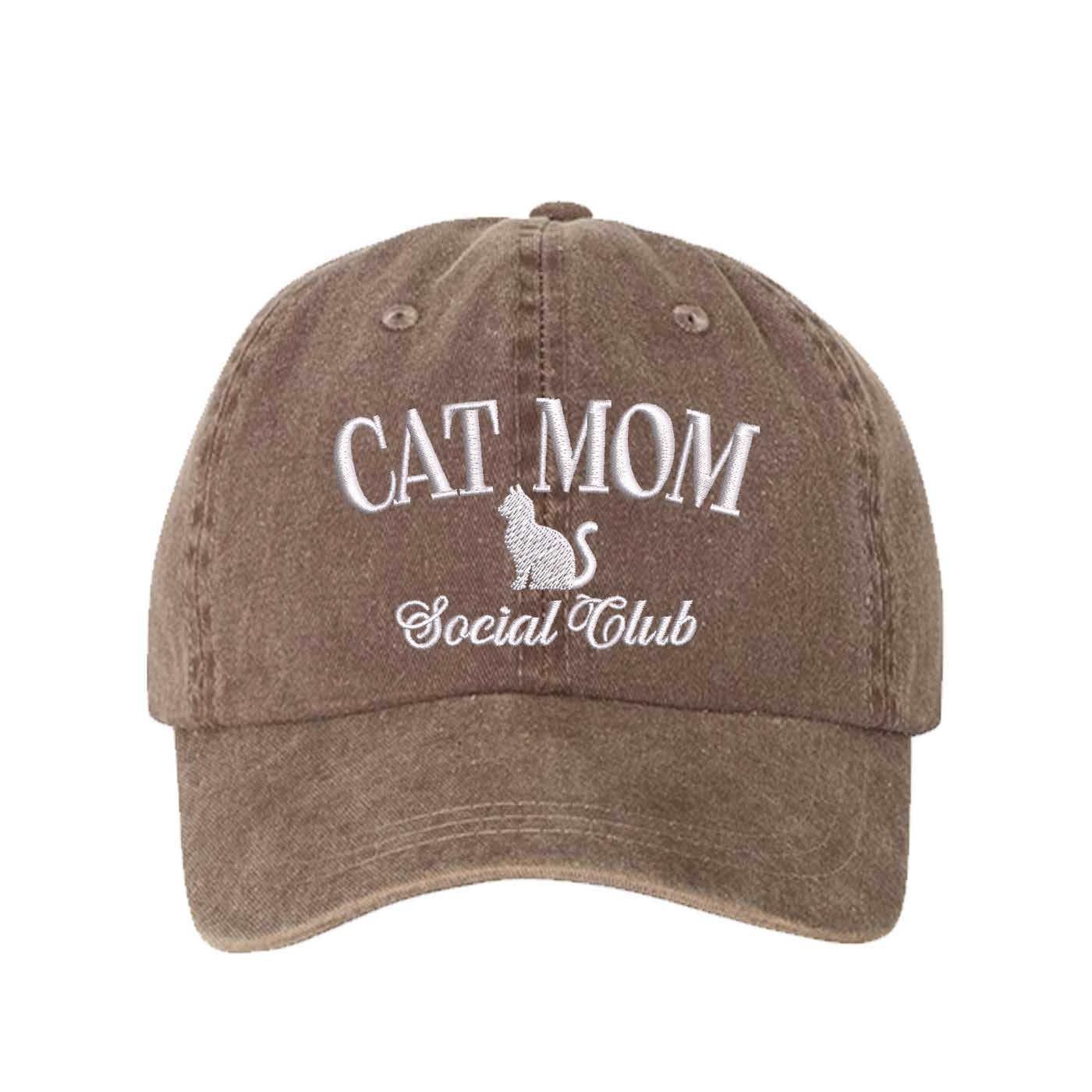 Chocolate Brown Cat Mom Social Club Washed Statement Baseball Hat – a washed, relaxed-fit statement cap designed for everyday comfort and real-life moods. Trendy, adjustable, and effortlessly stylish. - DSY Lifestyle