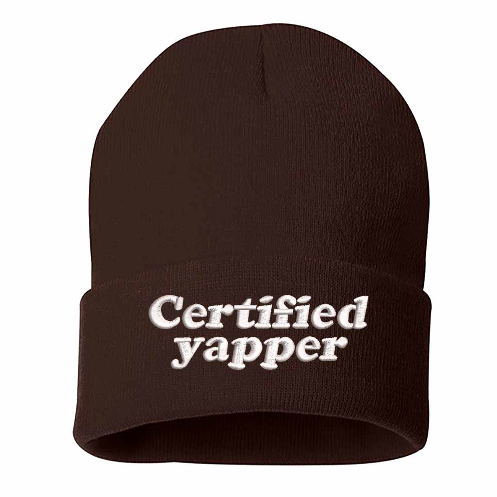 Brown Certified Yapper Embroidered Beanie featuring premium stitching on a soft knit winter cap – DSY Lifestyle