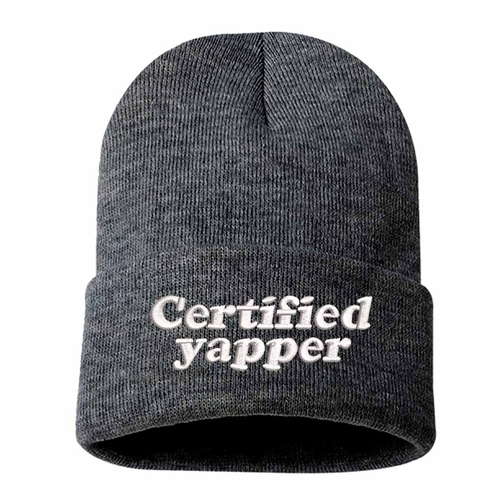Charcoal Gray Certified Yapper Embroidered Beanie featuring premium stitching on a soft knit winter cap – DSY Lifestyle