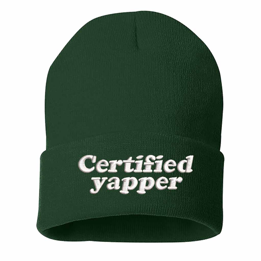 Forest Green Certified Yapper Embroidered Beanie featuring premium stitching on a soft knit winter cap – DSY Lifestyle