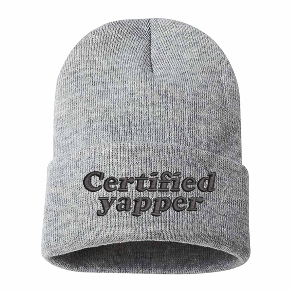 Heather Gray with black thread Certified Yapper Embroidered Beanie featuring premium stitching on a soft knit winter cap – DSY Lifestyle