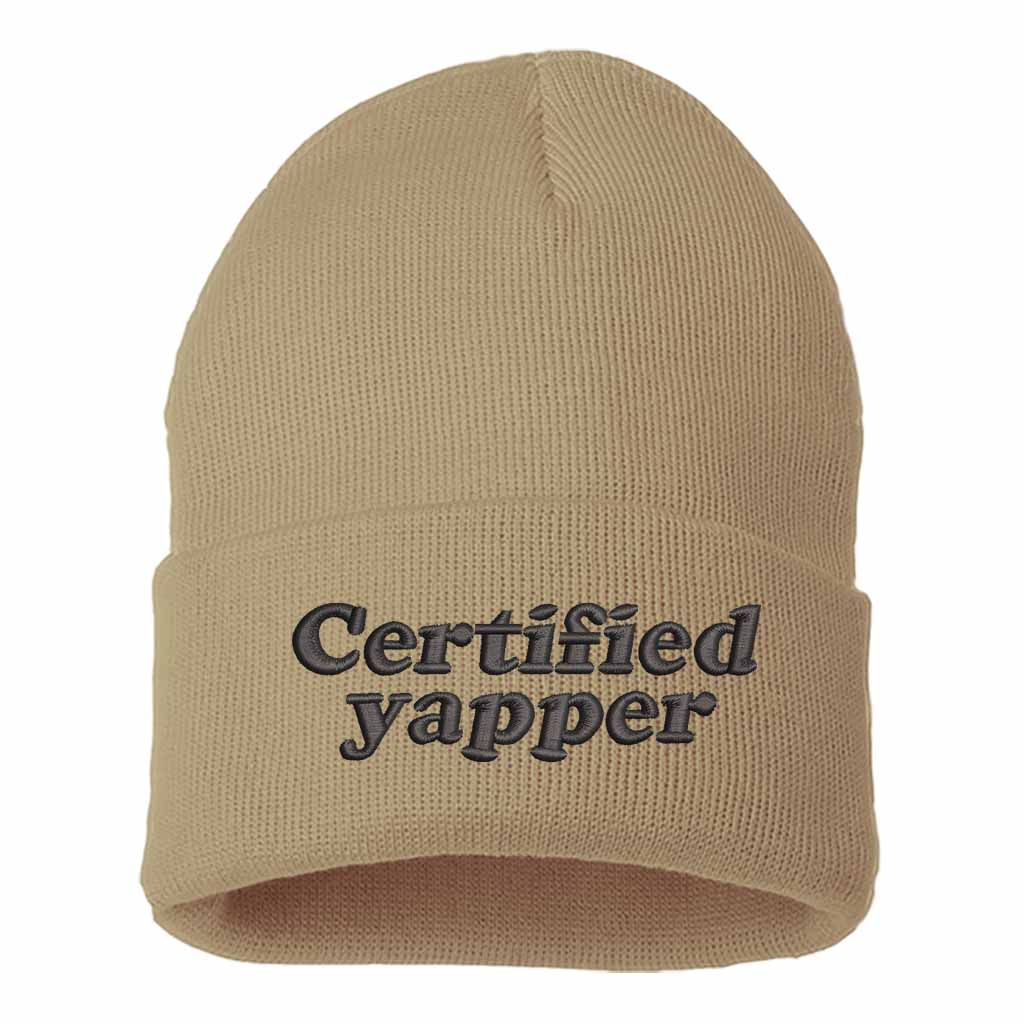 Khaki with black thread Certified Yapper Embroidered Beanie featuring premium stitching on a soft knit winter cap – DSY Lifestyle