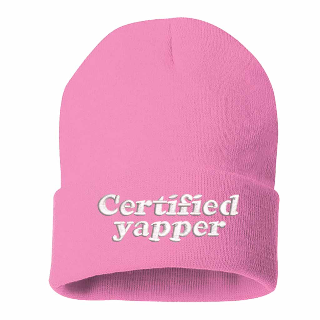 Light Pink Certified Yapper Embroidered Beanie featuring premium stitching on a soft knit winter cap – DSY Lifestyle