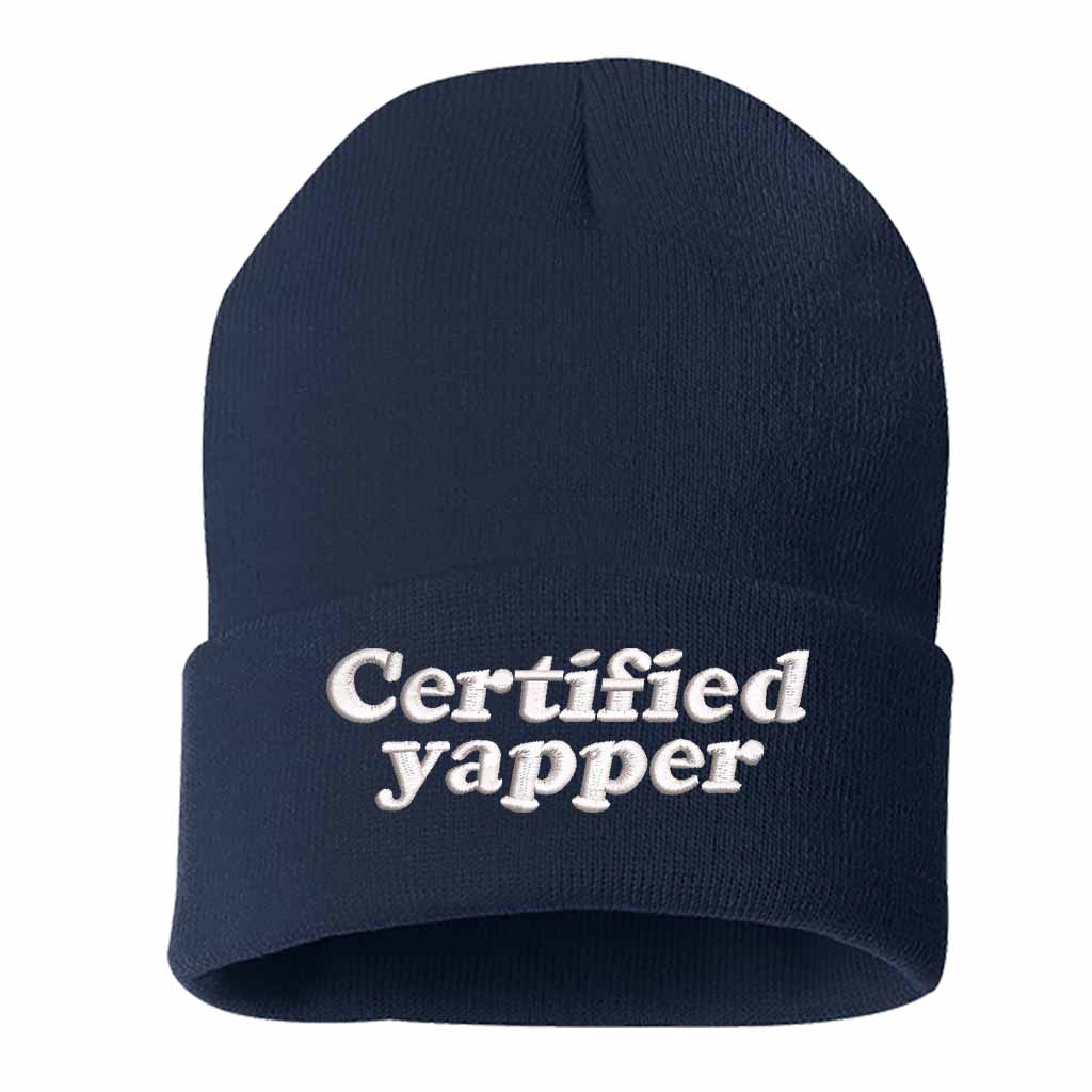 Navy Blue Certified Yapper Embroidered Beanie featuring premium stitching on a soft knit winter cap – DSY Lifestyle